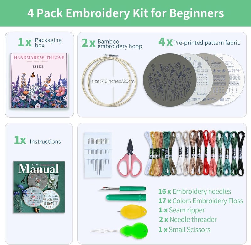 ETSPIL Embroidery Kit for Beginners, 4 Floral Patterns, Learn 33 Stitches, Pre-Printed Fabric, 7.8-Inch Hoop, Colored Threads and Needles, Easy Video Guide, DIY Hand Sewing Gift for Adults and Teens - Image 2